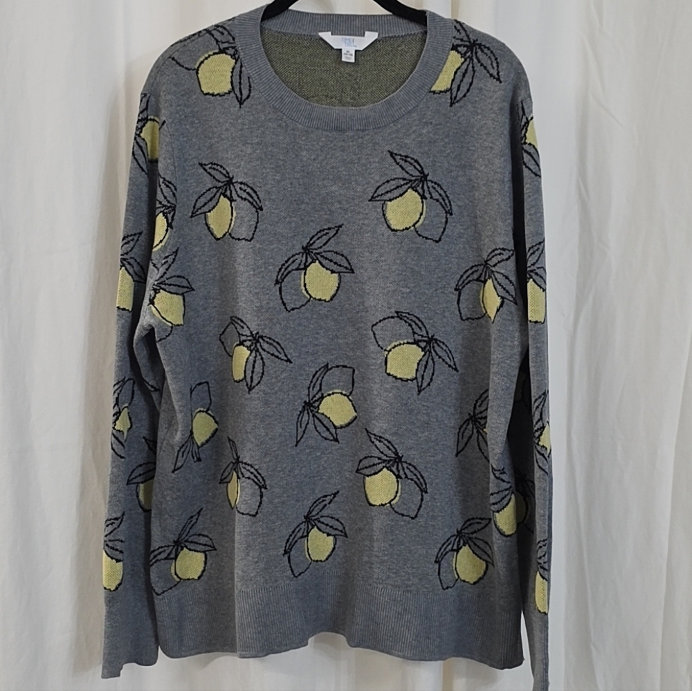 Time Tru XL 10/12 Gray Knit Pullover Sweater Lemons Fun Unique Fruit Print